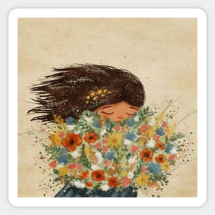 A Girl with a Wildflower Bouquet Sticker